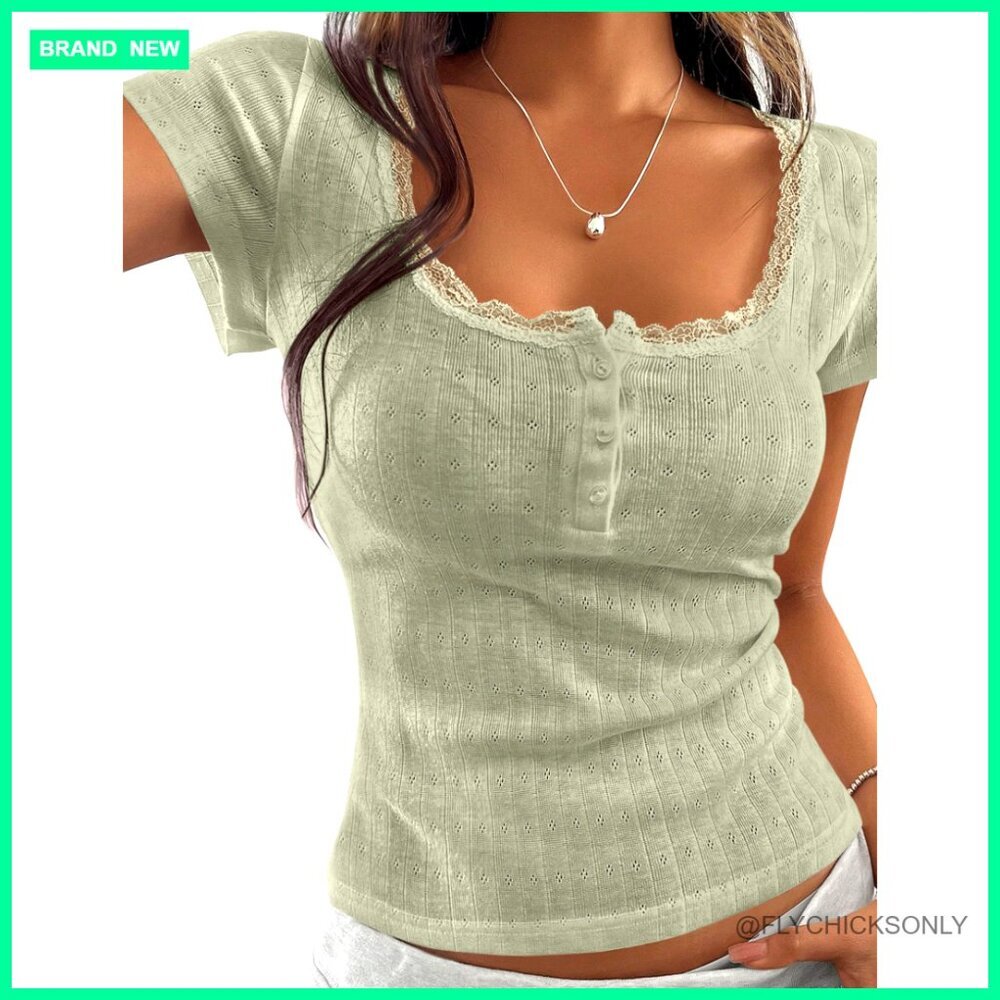 Slim Fit Henley Tee with Lace Trim, Short Sleeve Summer Top